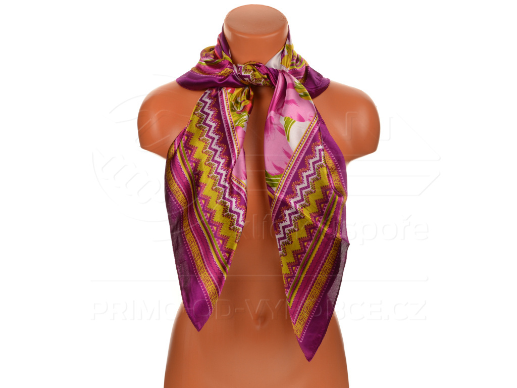 Velký šátek s motivem exotických květů, 90x90 cm - purpurový Velký šátek s motivem exotických květů, 90x90 cm - purpurový